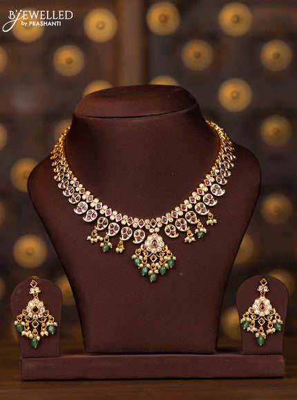 Antique necklace manga pattern with pink kemp and cz stones in mint green beads hangings