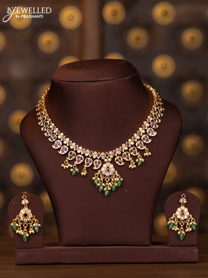 Antique necklace manga pattern with pink kemp and cz stones in mint green beads hangings