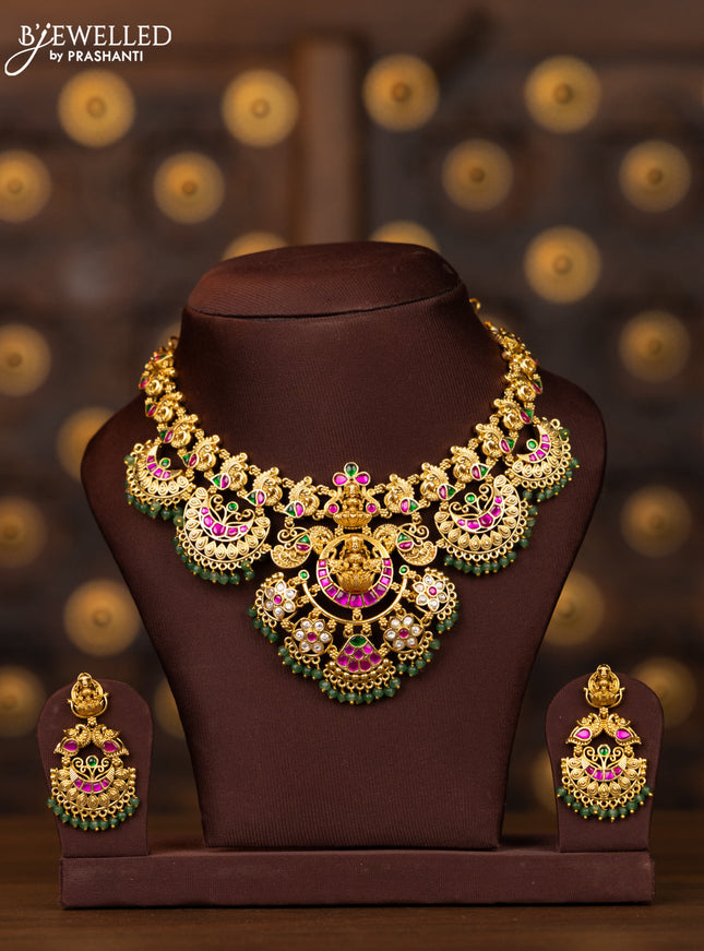 Antique necklace moon design with kemp jadau kundan stones and mint green beads hangings