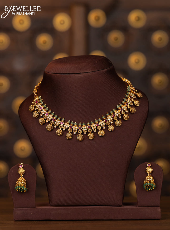 Antique necklace ramdarbar design with kemp and cz stones