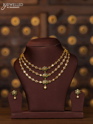 Antique triple layer necklace with green kemp and big white stones and pearl hanging