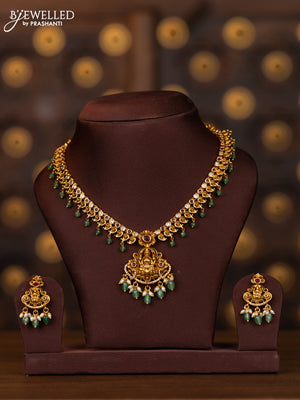 Antique necklace lakshmi design with pink kemp and cz stones in mint green beads hangings
