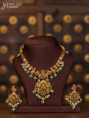 Antique necklace lakshmi design with kemp and cz stones in pearl & mint green beads hangings