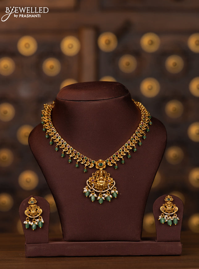 Antique necklace lakshmi design with kemp stones in pearl & mint green beads hangings