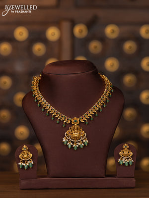 Antique necklace lakshmi design with kemp stones in pearl & mint green beads hangings