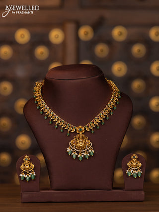 Antique necklace lakshmi design with kemp stones in pearl & mint green beads hangings