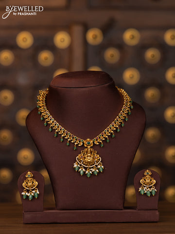 Antique necklace lakshmi design with kemp stones in pearl & mint green beads hangings