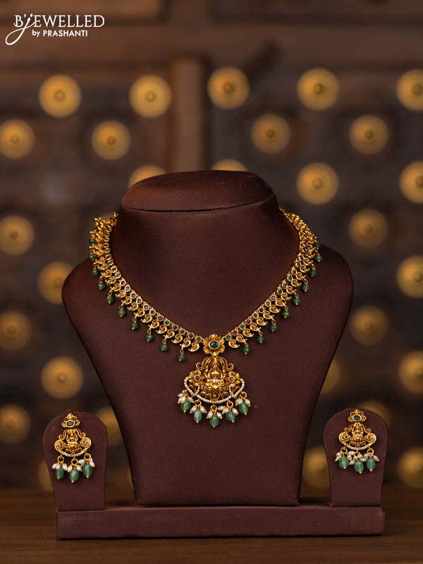 Antique necklace lakshmi design with kemp stones in pearl & mint green beads hangings
