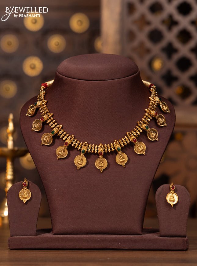 Antique necklace with lakshmi kasu design and kemp stones