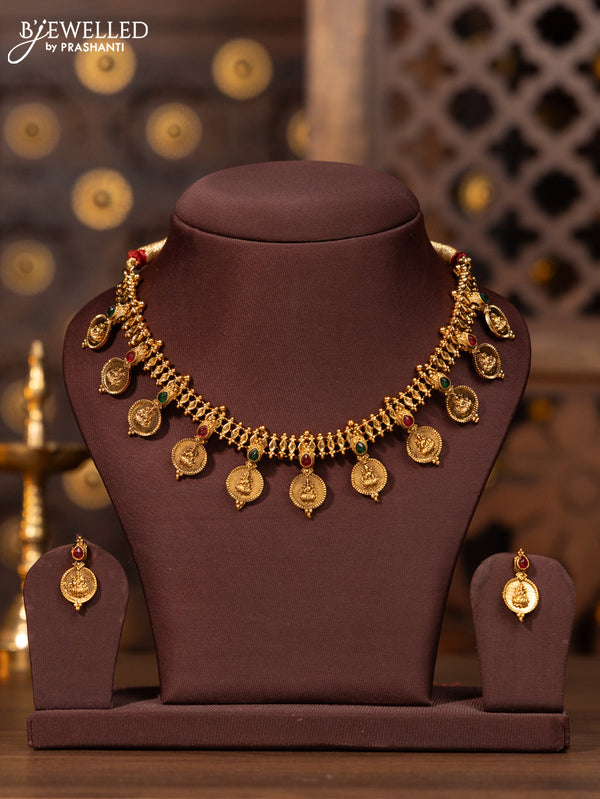 Antique necklace with lakshmi kasu design and kemp stones