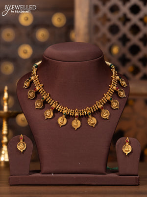 Antique necklace with lakshmi kasu design and kemp stones
