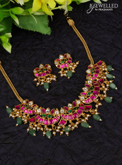 Antique attigai necklace chandbali design with kemp jadau kundan stones and pearl & mint green beads hangings