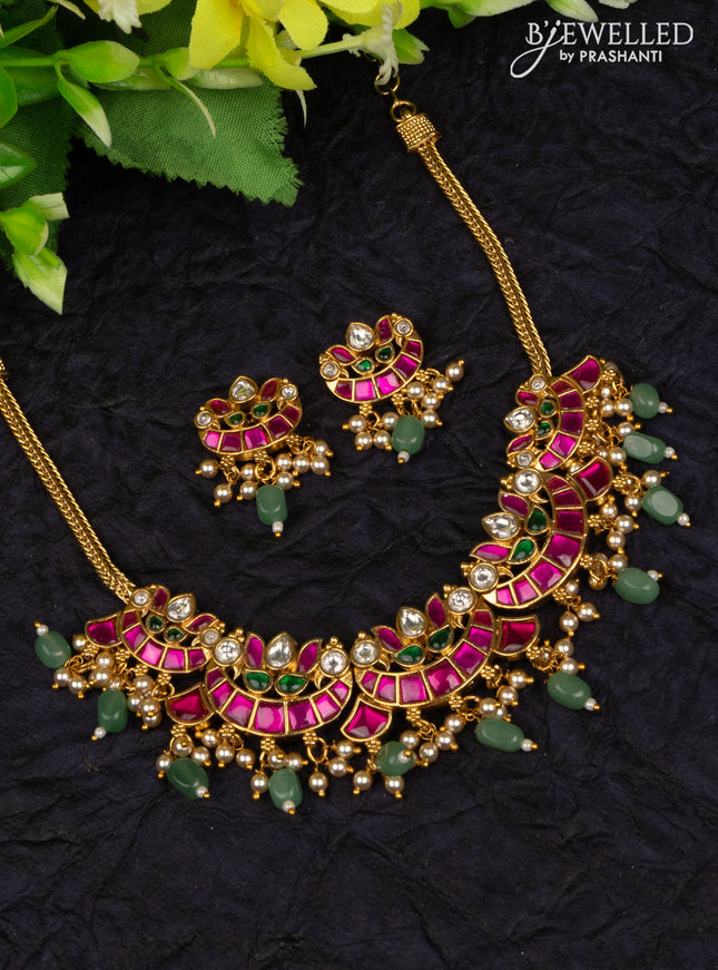Antique attigai necklace chandbali design with kemp jadau kundan stones and pearl & mint green beads hangings
