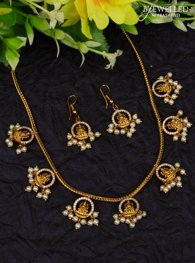 Antique attigai necklace lakshmi design with cz stones and pearl hangings