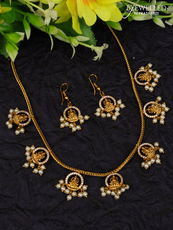 Antique attigai necklace lakshmi design with cz stones and pearl hangings