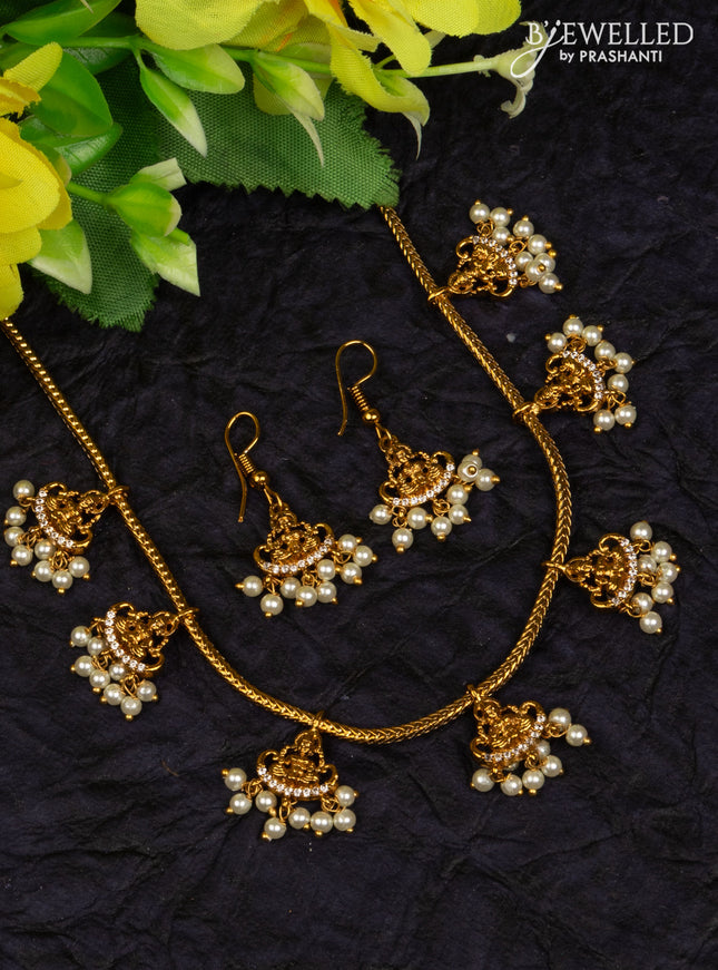 Antique attigai necklace lakshmi design with cz stones and pearl hangings