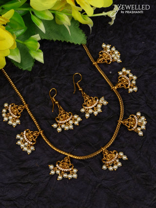 Antique attigai necklace lakshmi design with cz stones and pearl hangings