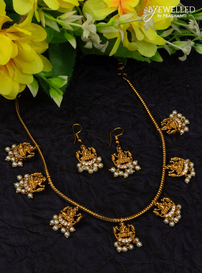 Antique attigai necklace lakshmi design with cz stones and pearl hangings