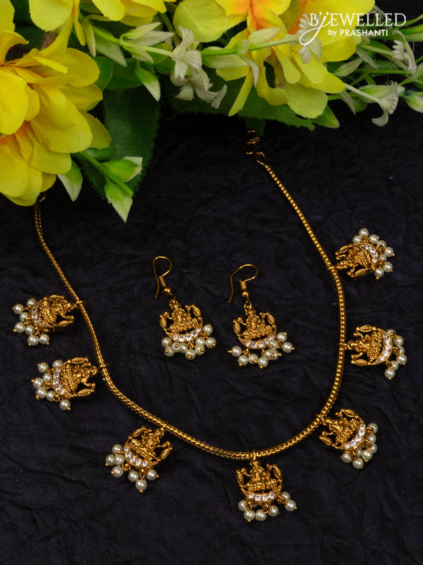 Antique attigai necklace lakshmi design with cz stones and pearl hangings