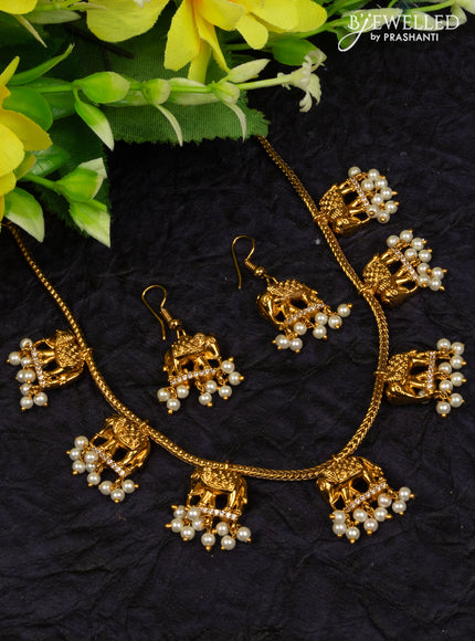 Antique attigai necklace elephant design with cz stones and pearl hangings