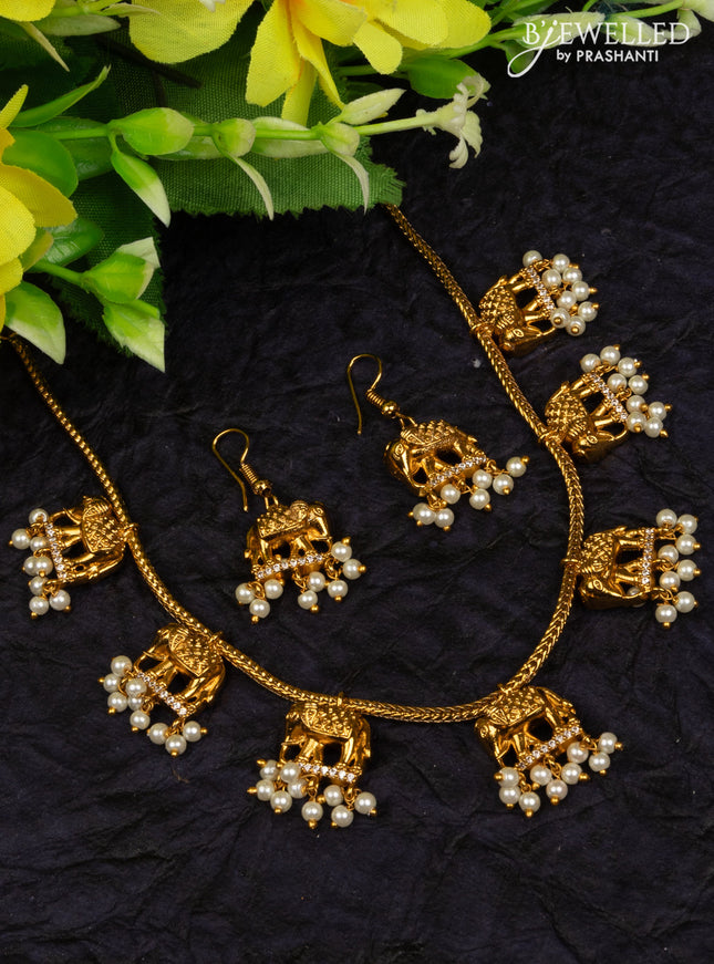 Antique attigai necklace elephant design with cz stones and pearl hangings