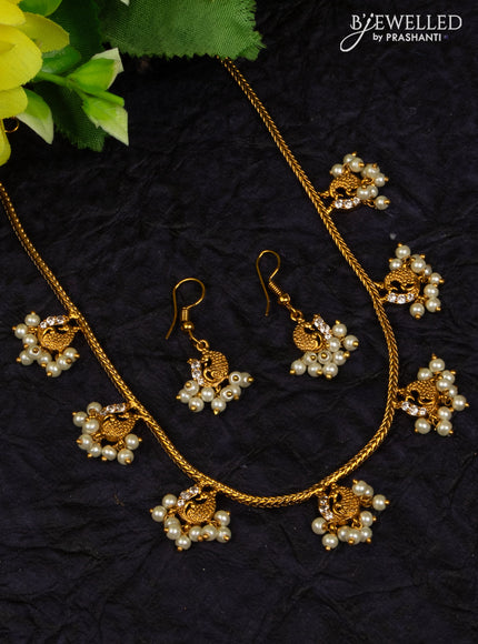 Antique attigai necklace peacock design with cz stones and pearl hangings