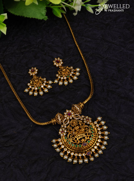 Antique attigai necklace lakshmi pendant with kemp & cz stones and pearl hangings