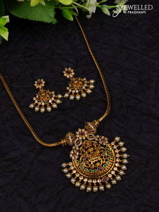 Antique attigai necklace lakshmi pendant with kemp & cz stones and pearl hangings