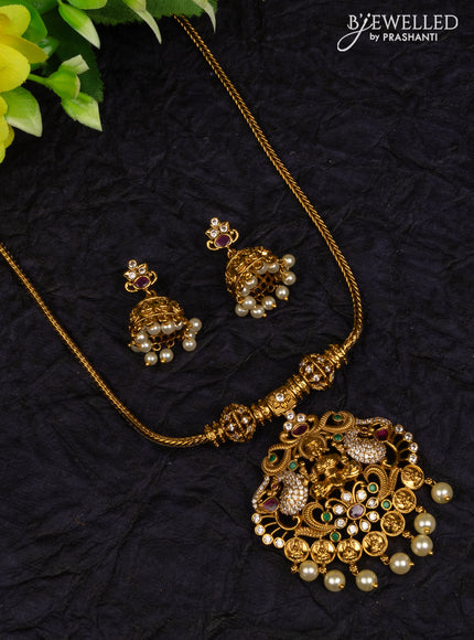 Antique attigai necklace lakshmi pendant with kemp & cz stones and pearl hangings