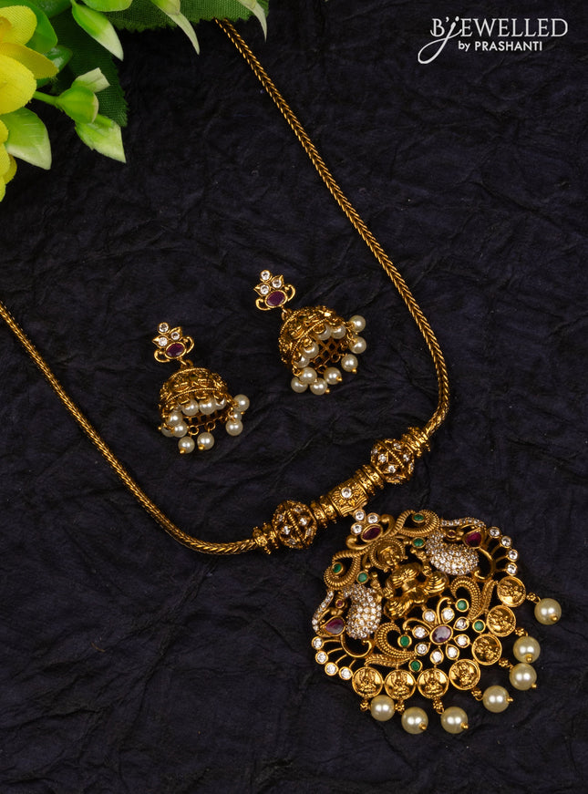 Antique attigai necklace lakshmi pendant with kemp & cz stones and pearl hangings