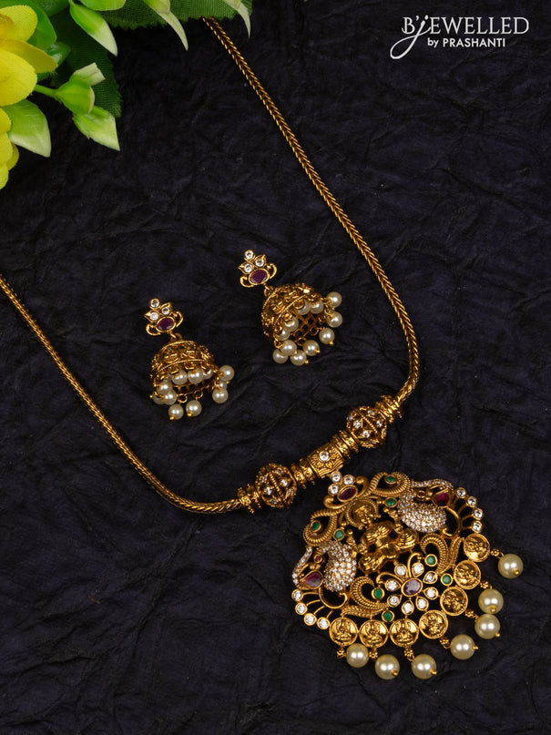 Antique attigai necklace lakshmi pendant with kemp & cz stones and pearl hangings