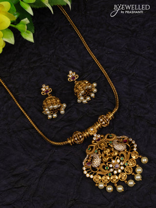 Antique attigai necklace lakshmi pendant with kemp & cz stones and pearl hangings
