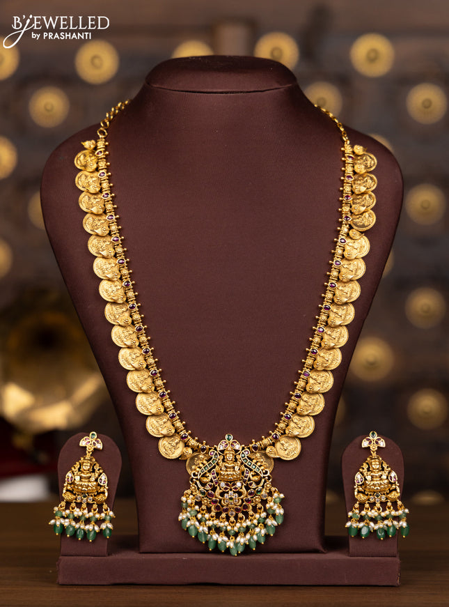 Antique haaram lakshmi kasu design with kemp and cz stones in pearl & mint green beads hangings