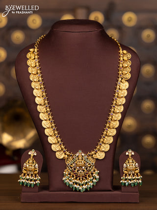 Antique haaram lakshmi kasu design with kemp and cz stones in pearl & mint green beads hangings