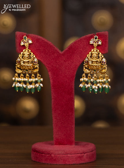 Antique haaram lakshmi kasu design with kemp and cz stones in pearl & mint green beads hangings
