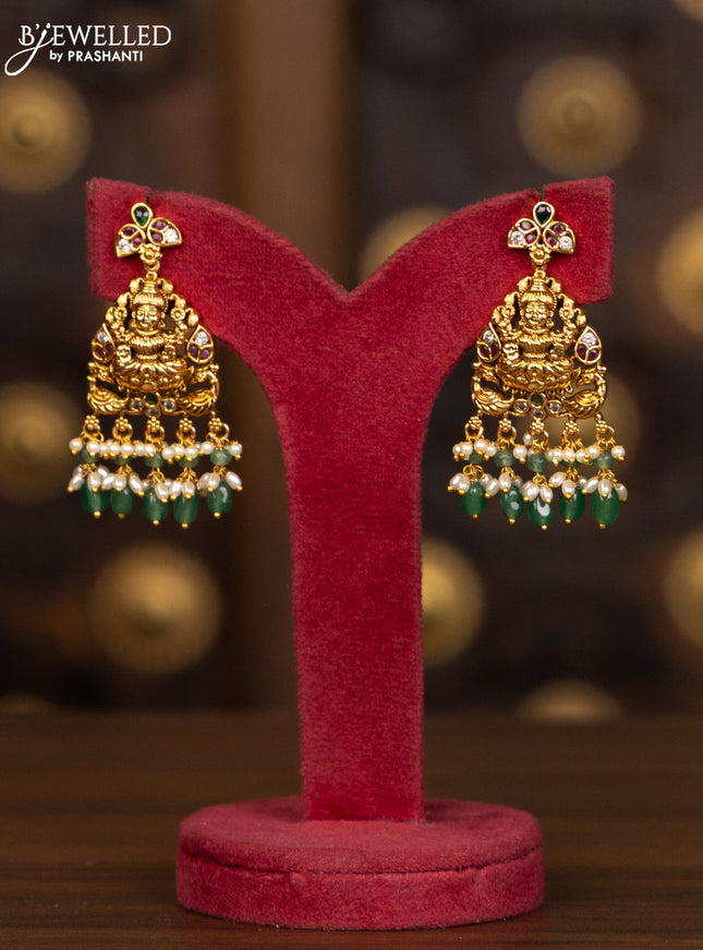 Antique haaram lakshmi kasu design with kemp and cz stones in pearl & mint green beads hangings