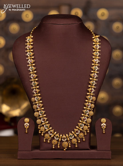 Antique haaram with kemp and cz stones in golden beads hangings