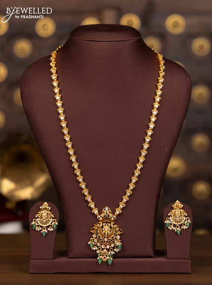 Antique haaram with kemp and kundan stones in pearl & mint green beads hangings