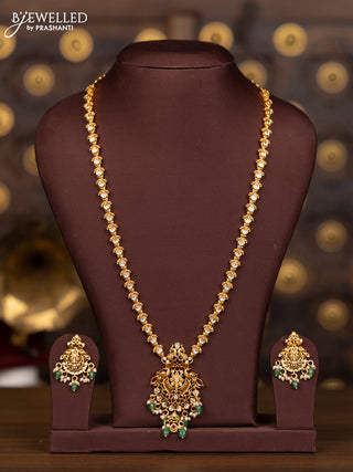 Antique haaram with kemp and kundan stones in pearl & mint green beads hangings