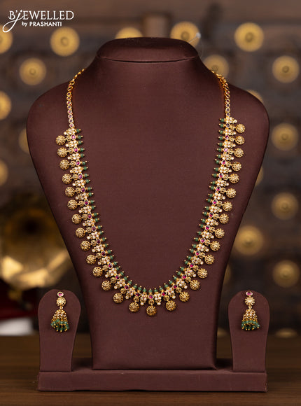 Antique haaram ramdarbar design with pink kemp and cz stones in mint green beads