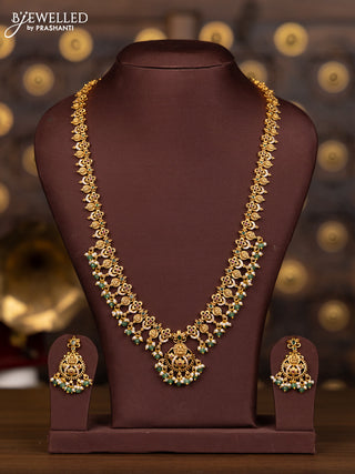 Antique haaram lakshmi design with kemp and cz stones in pearl & mint green beads hangings