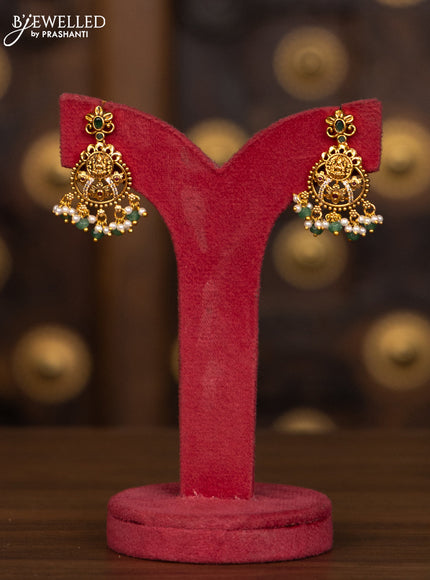 Antique haaram lakshmi design with kemp and cz stones in pearl & mint green beads hangings
