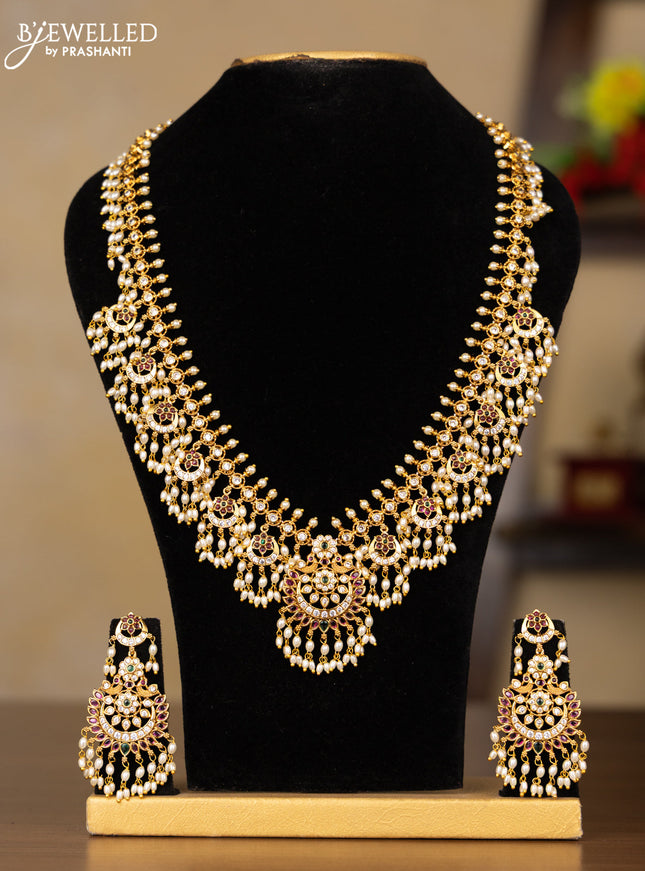 Antique guttapusalu haaram chandbali design with kemp and cz stones in pearl hangings