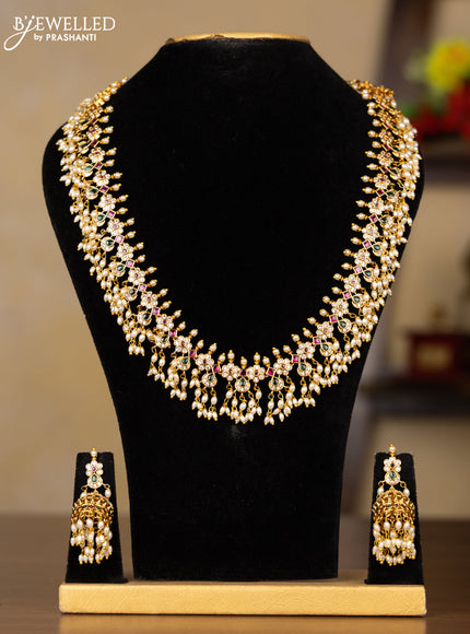 Antique guttapusalu haaram floral & chandbali design with kemp and cz stones in pearl hangings