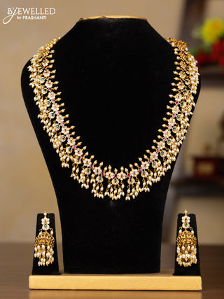 Antique guttapusalu haaram floral & chandbali design with kemp and cz stones in pearl hangings