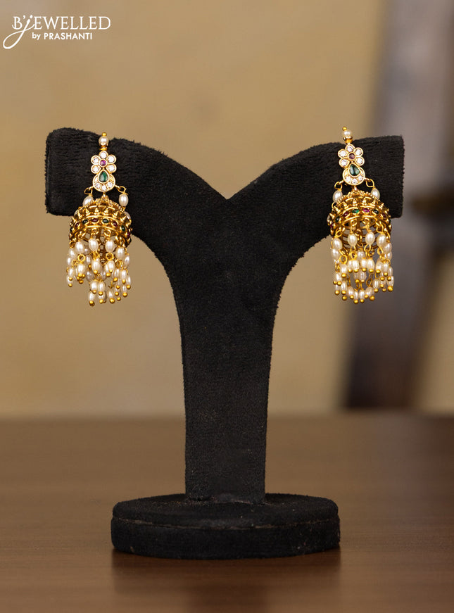 Antique guttapusalu haaram floral & chandbali design with kemp and cz stones in pearl hangings