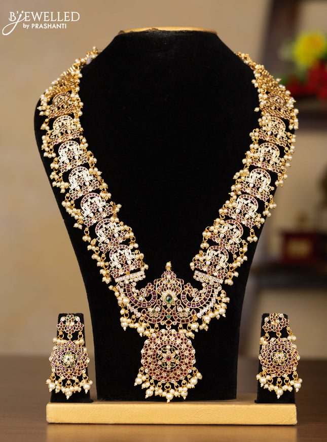 Antique guttapusalu haaram peacock design with kemp and cz stones in pearl hangings