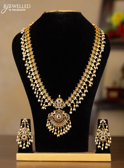 Antique guttapusalu haaram peacock design with kemp and cz stones in pearl hangings
