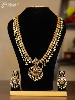 Antique guttapusalu haaram peacock design with kemp and cz stones in pearl hangings