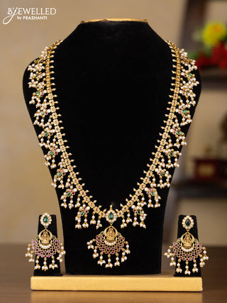 Antique guttapusalu haaram lakshmi design with kemp and cz stones in pearl hangings